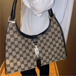 Vintage Gucci Jackie Bardot monogram black shoulder bag purse small AUTHENTIC